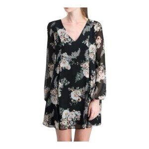 BCBGeneration Black Floral Print Long-Sleeve V-Neck Chiffon Mini Dress-M
